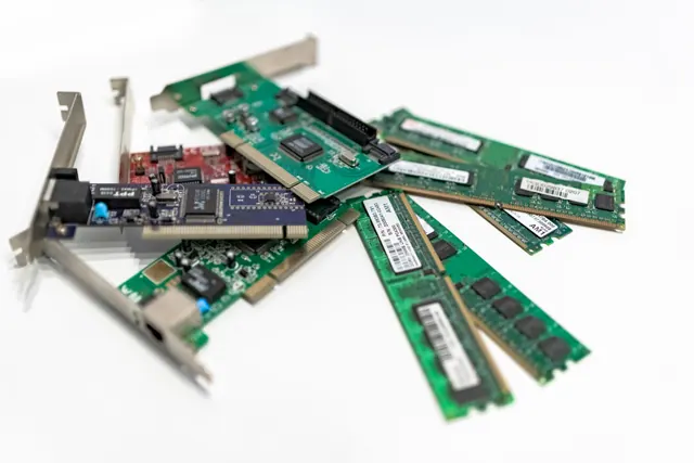 Primer plano de chips de memoria montados en una placa de circuito impreso