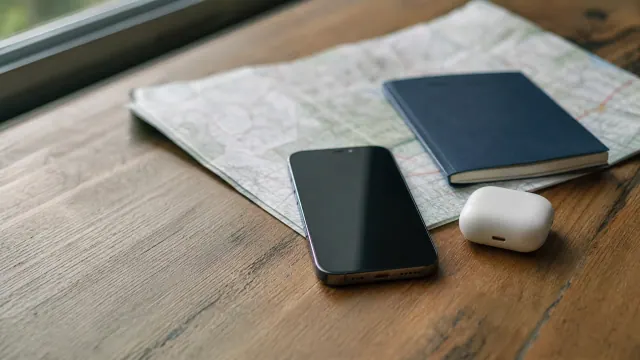 Teléfono, auriculares inalámbricos y cuadernos sobre escritorio de madera junto