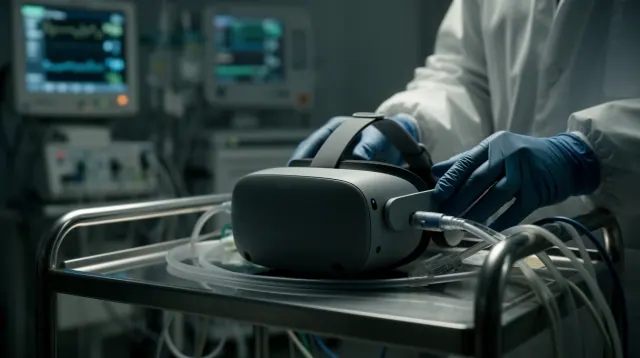 Una persona con guantes sostiene unas gafas de realidad virtual en un laboratorio