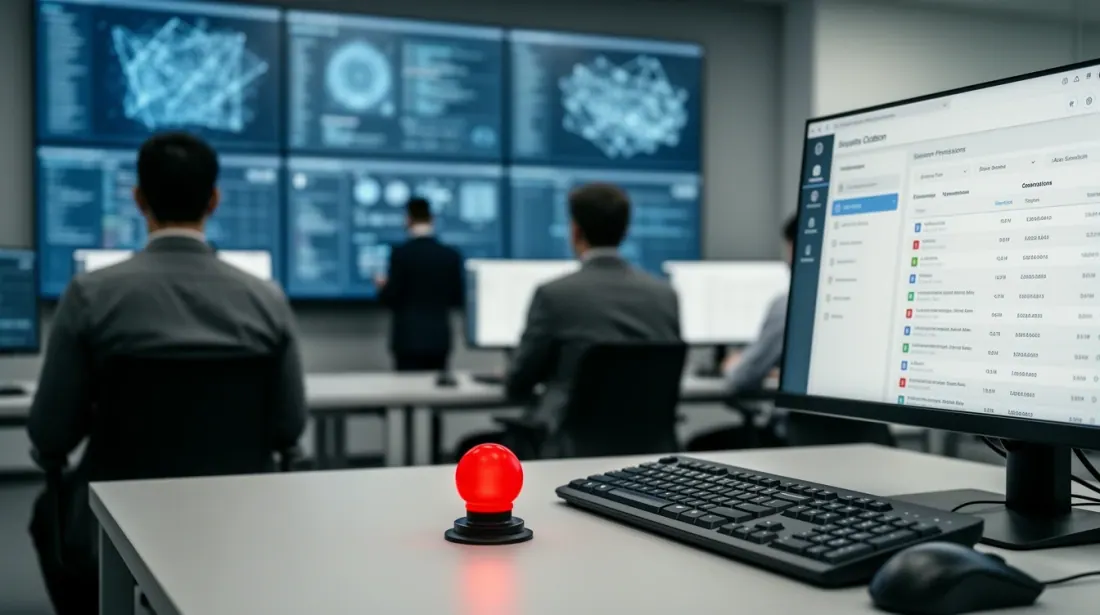 Esfera luminosa roja sobre escritorio en sala de control con monitores y trabajadores
