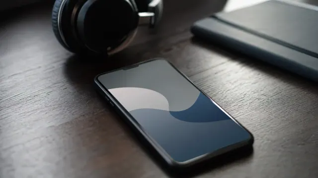 Teléfono móvil con pantalla iluminada junto a auriculares y tableta sobre mesa