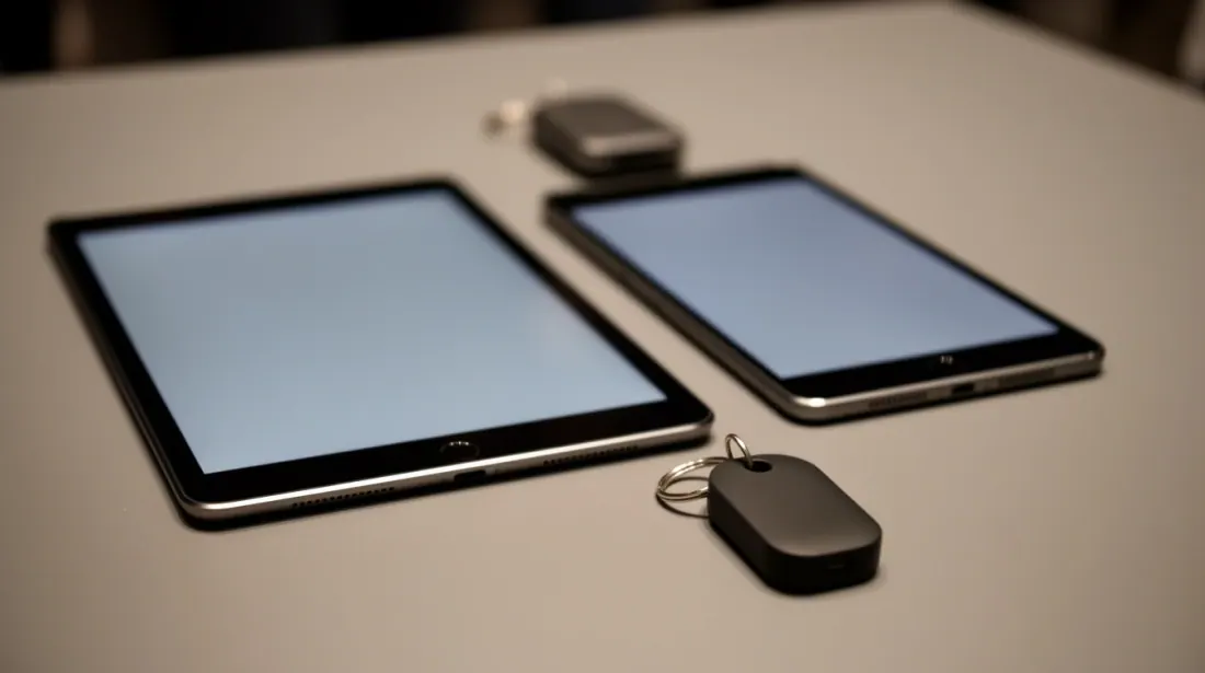 Dos tablets y un ratón inalámbrico sobre una superficie blanca