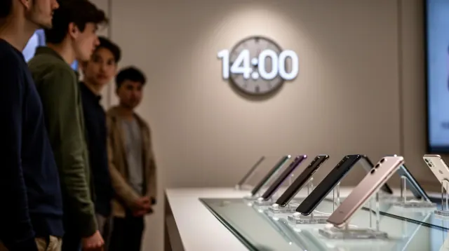 Grupo de personas observa dispositivos móviles expuestos en una tienda con reloj