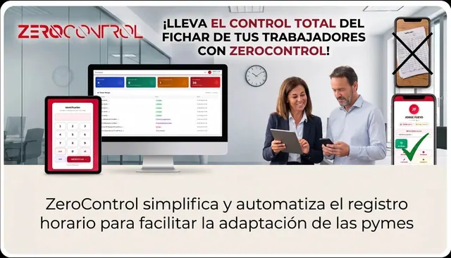 Banner de ZeroControl con capturas de su panel de control horario en ordenador, tablet y móvil