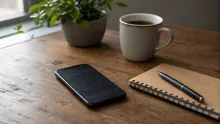Escritorio de madera con teléfono móvil, taza de café, libreta espiral y planta