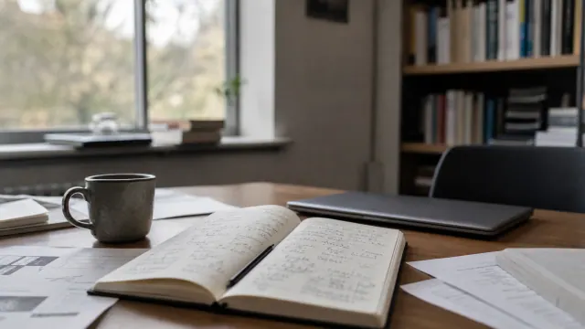 Escritorio con cuaderno abierto, taza de café y portátil junto a una ventana