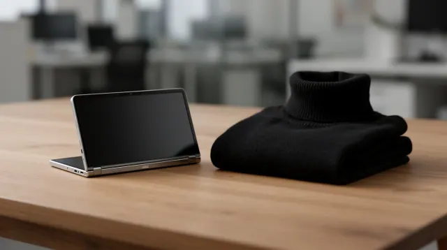 Tablet y jersey negro sobre mesa de madera en oficina