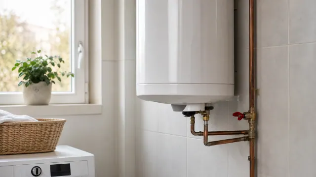 Caldera de gas blanca instalada en pared de cuarto de baño junto a ventana