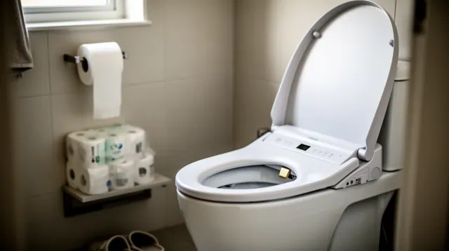 Asiento de inodoro inteligente con tapa levantada en un cuarto de baño