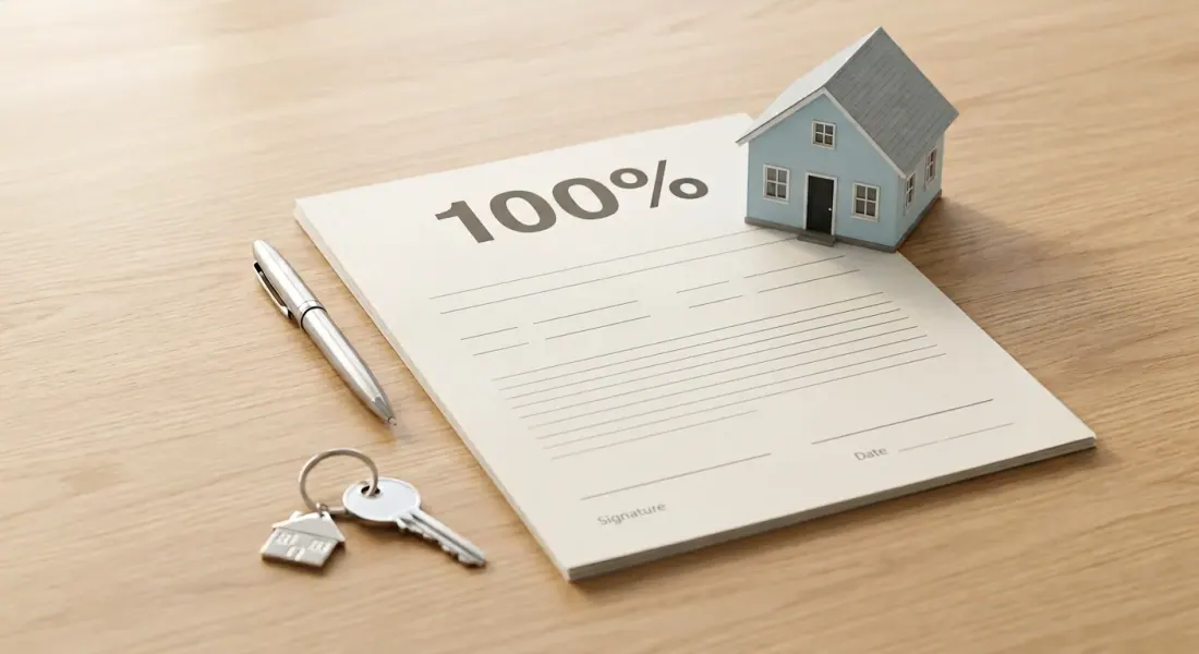 Un documento con el texto "100%" junto a una maqueta de casa y unas llaves