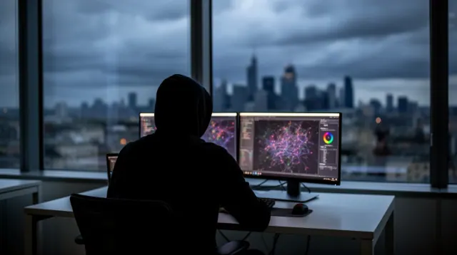 Una persona trabaja ante monitores con datos en una oficina con vistas a un skyline