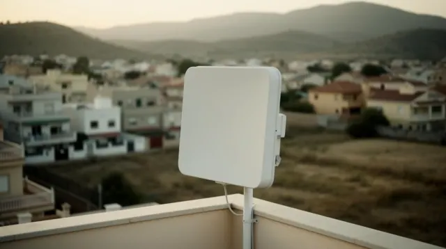 Antena WiFi blanca instalada en una terraza con vistas a un pueblo de montaña