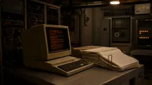 Ordenador antiguo con texto en pantalla y documentos de papel en una sala