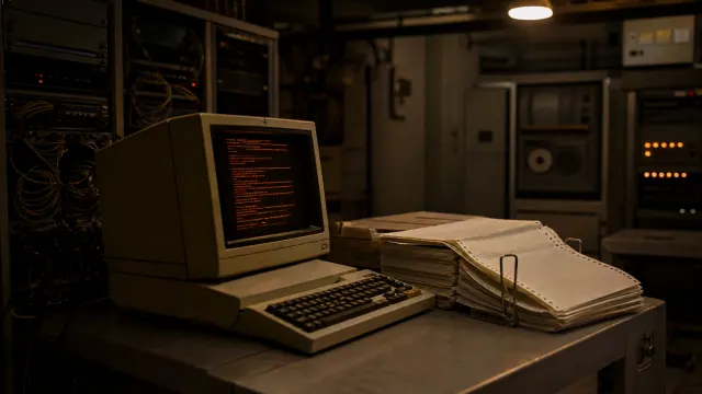 Ordenador antiguo con texto en pantalla y documentos de papel en una sala