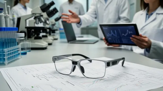 Unas gafas de montura negra sobre planos técnicos en un laboratorio con trabajadores