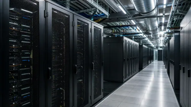 Centro de datos con racks de servidores negros alineados en pasillo iluminado