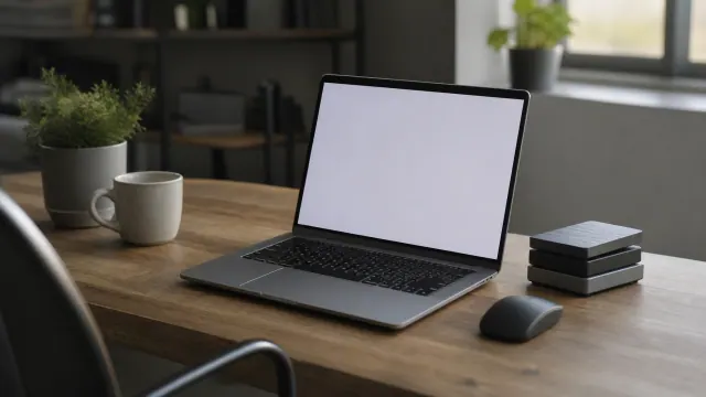 Portátil con pantalla en blanco sobre escritorio de madera junto a taza, planta