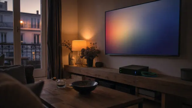 Salón al atardecer con televisor de pantalla plana montado en pared y ventana