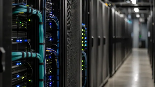 Interior de centro de datos con servidores y cables de red azules y cian iluminados