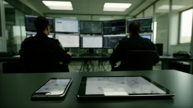 Dos personas en una sala de control con múltiples pantallas de monitoreo
