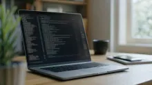 Portátil con código de programación en la pantalla sobre escritorio de madera