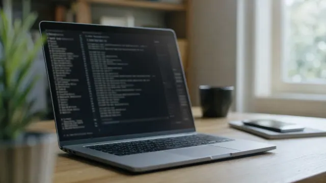 Portátil con código de programación en la pantalla sobre escritorio de madera