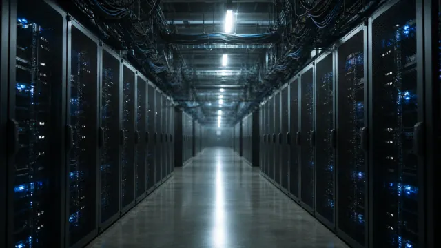 Pasillo de centro de datos con servidores negros alineados a ambos lados