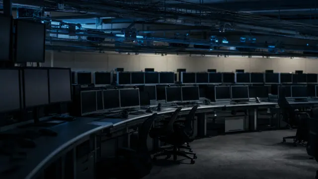Centro de control o sala de monitoreo con múltiples pantallas y estaciones