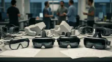 Gafas de realidad virtual alineadas sobre una mesa en un espacio de trabajo