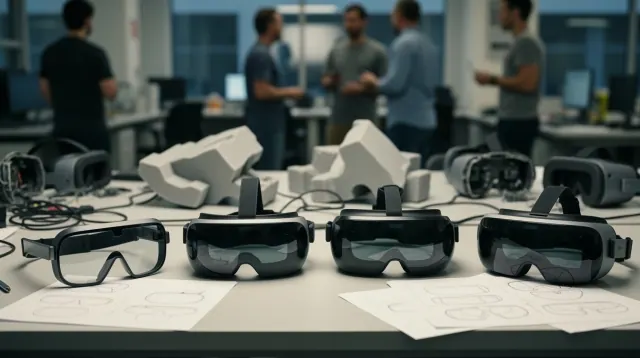 Gafas de realidad virtual alineadas sobre una mesa en un espacio de trabajo