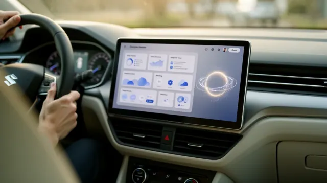 Persona al volante de un vehículo con pantalla táctil de infoentretenimiento