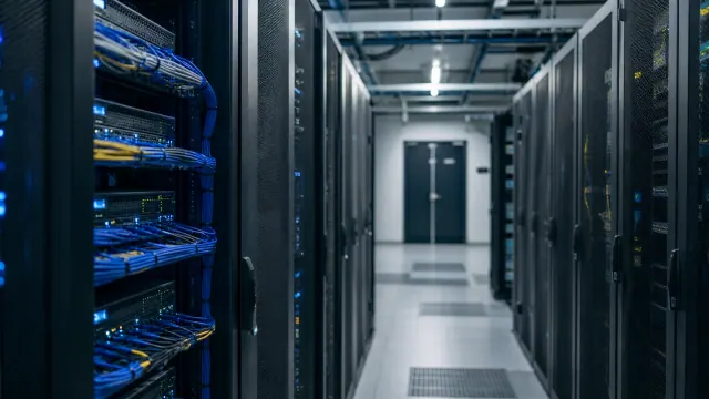 Centro de datos con servidores negros y cables azules en pasillo iluminado