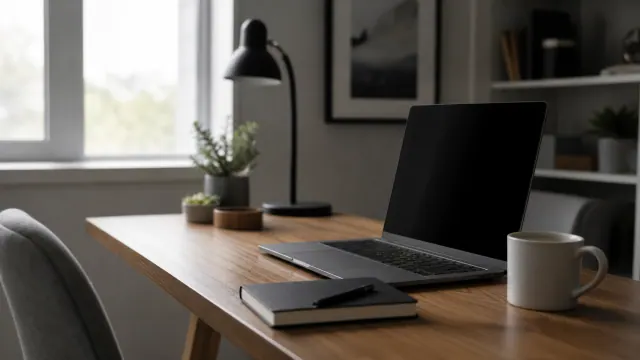 Escritorio de trabajo con portátil, libreta y taza junto a una ventana