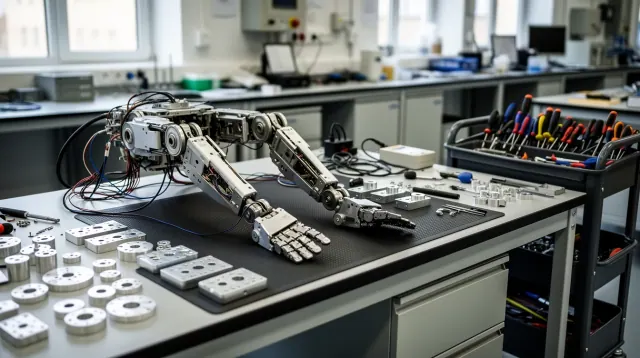 Brazo robótico desmontado con estructura metálica y cables sobre una mesa de laboratorio junto a herramientas