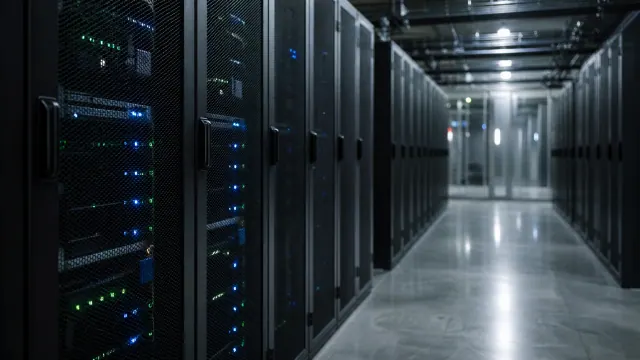 Pasillo de centro de datos con hileras de servidores negros iluminados con luces
