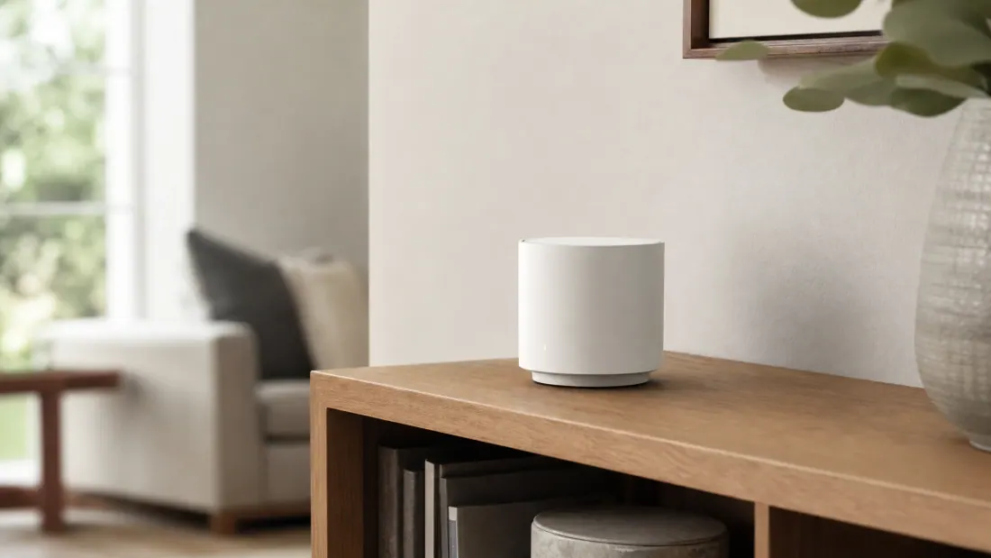 Altavoz inteligente blanco sobre mueble de madera en salón