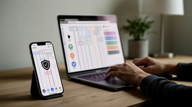 Una persona trabaja en diseño de aplicaciones con un móvil y portátil