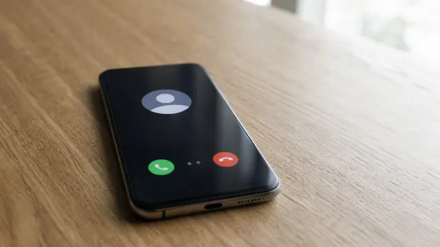 Teléfono móvil con pantalla de llamada entrante sobre superficie de madera