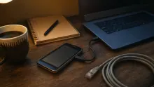 Escritorio con teléfono móvil conectado a cable ethernet junto a portátil y café