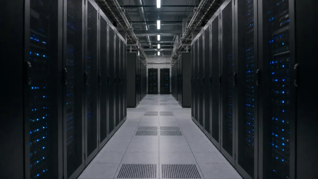 Centro de datos con filas de servidores negros iluminados con luces azules