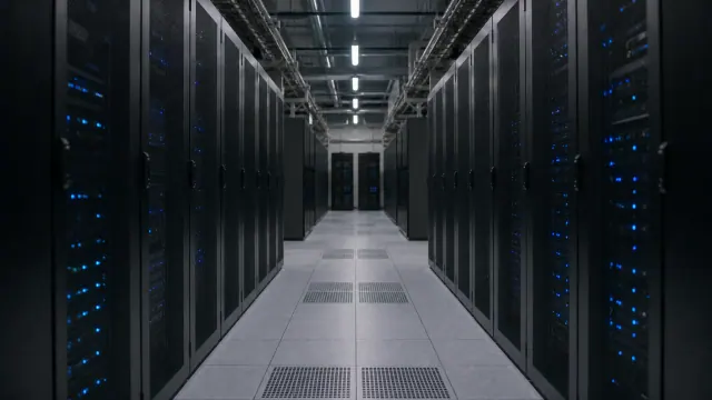 Centro de datos con filas de servidores negros iluminados con luces azules