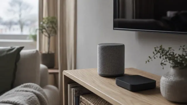 Altavoz inteligente cilíndrico gris sobre mueble de madera en salón