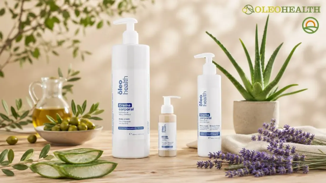 Envases de crema corporal Oleo Health junto a aloe vera, lavanda y aceitunas