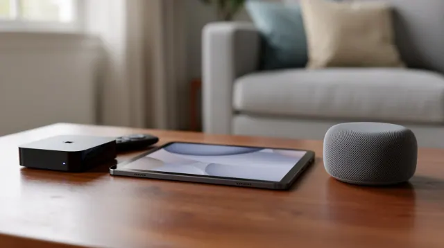 Mesa de madera con dispositivos electrónicos y altavoz inteligente en salón
