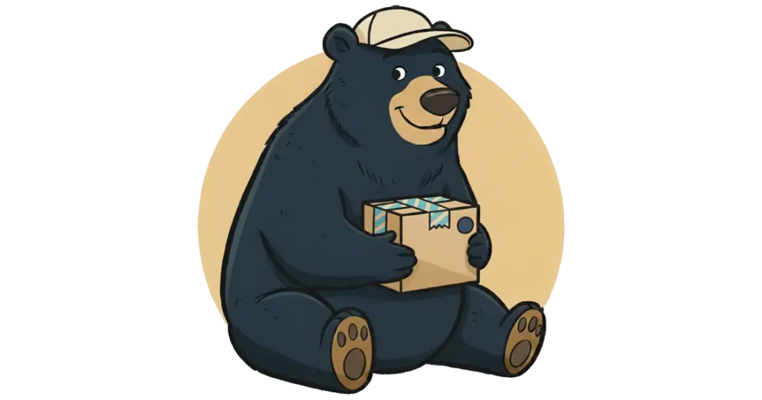 Ilustración de un oso con gorra sosteniendo una caja de cartón