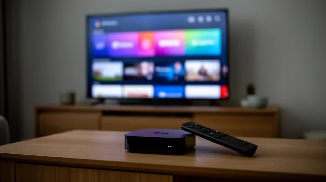 Decodificador y mando a distancia sobre una mesa de madera frente a un televisor