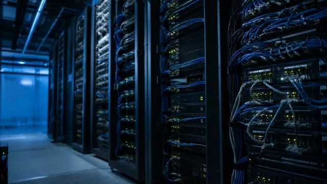 Centro de datos con servidores conectados mediante cables de red azules y amarillos