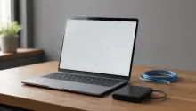 Portátil con pantalla en blanco sobre escritorio de madera junto a disco duro externo