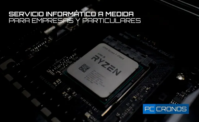 Un procesador AMD Ryzen sobre una placa base, con el logo de PC Cronos