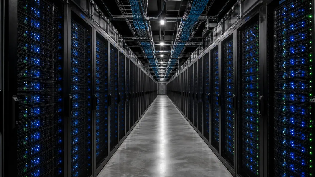 Centro de datos con servidores iluminados en azul alineados en pasillos